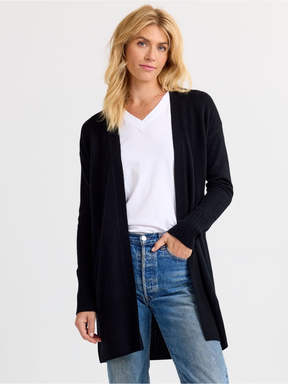 Pura Cashmere Black Long Open Front Cardigan Duster Sweater Large